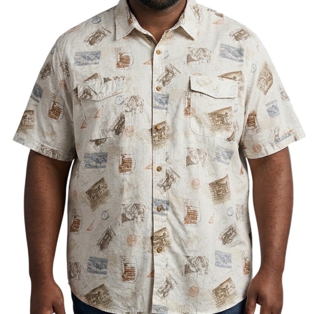 Basic Edition Button Down Shirt Mens 4XL Ivory Wildlife Stamp Print Short Sleeve